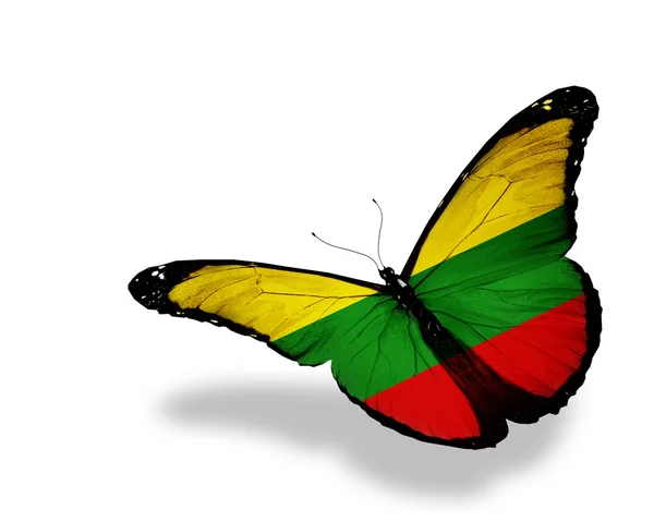 리투아니아어 플래그 나비 플 라 잉에 고립 된 흰색 배경 — 스톡 사진