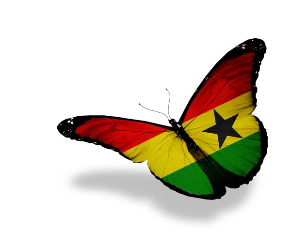 Bandera de Ghana mariposa volando, aislada sobre fondo blanco —  Fotos de Stock