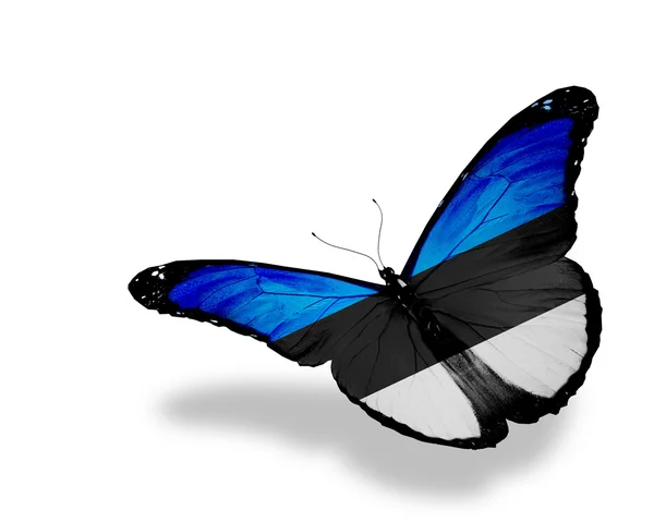 Bandeira da Estónia borboleta voando, isolado em fundo branco — Fotografia de Stock