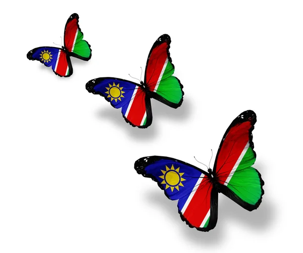 Drie Namibië vlag vlinders, geïsoleerd op wit — Stockfoto
