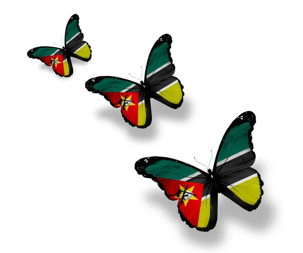Tre farfalle bandiera mozambicana, isolate su bianco — Foto Stock
