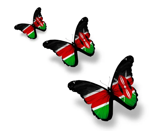 Tre farfalle bandiera del Kenya, isolate su bianco — Foto Stock