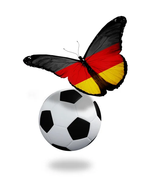Conceito - borboleta com bandeira alemã voando perto da bola, como — Fotografia de Stock