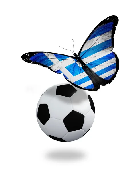 Concept - butterfly with Greek flag flying near the ball, like f — Stock Photo, Image