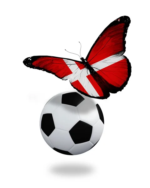 Conceito - borboleta com bandeira dinamarquesa voando perto da bola, como — Fotografia de Stock