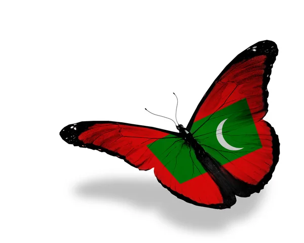 Πεταλούδα σημαία της Δημοκρατίας των Μαλδιβών που φέρουν, να απομονωθεί σε λευκό ΒΑ — Φωτογραφία Αρχείου