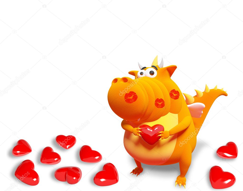 Orange dragon with red heart and kisses, isolated on white backg