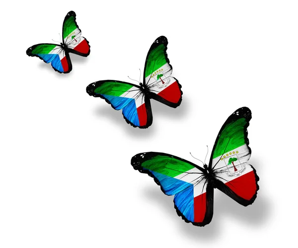 三个赤道几内亚国旗蝴蝶，孤立在白色 — 图库照片