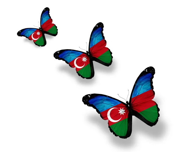 Kelebekler, üzerinde beyaz izole üç Azerbaycan bayrağı — Stok fotoğraf