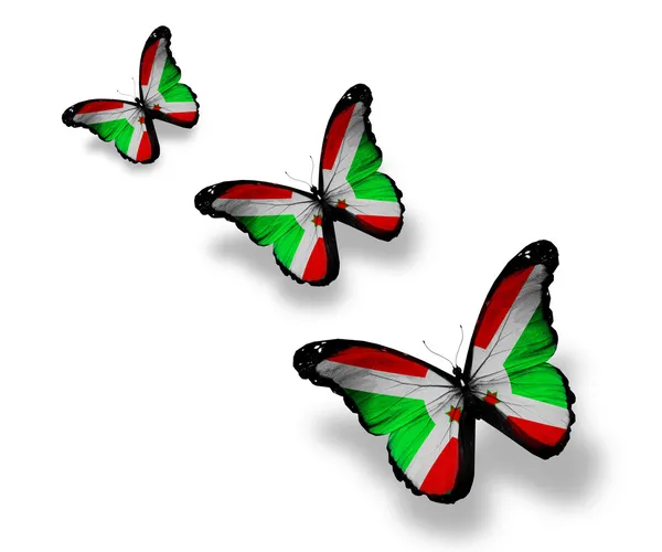 Drei Republik Burundi Flagge Schmetterlinge, isoliert auf weiß — Stockfoto