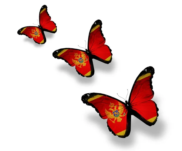Tři Černá Hora vlajky motýly, izolované na bílém — Stock fotografie