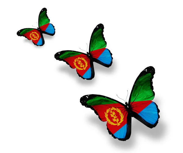 Tre farfalle bandiera eritrea, isolate su bianco — Foto Stock
