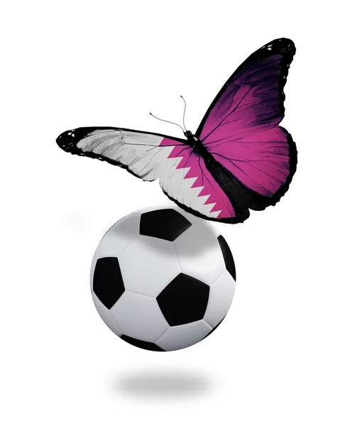 Концепция - бабочка с флагом Катара, летящая рядом с мячом, как — стоковое фото
