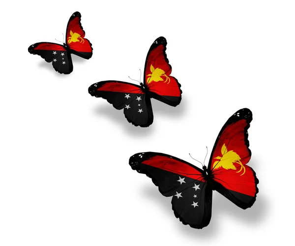 Tre farfalle bandiera Papua Nuova Guinea, isolate su bianco — Foto Stock