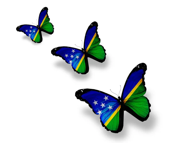 Tre farfalle della bandiera delle Isole Salomone, isolate su bianco — Foto Stock