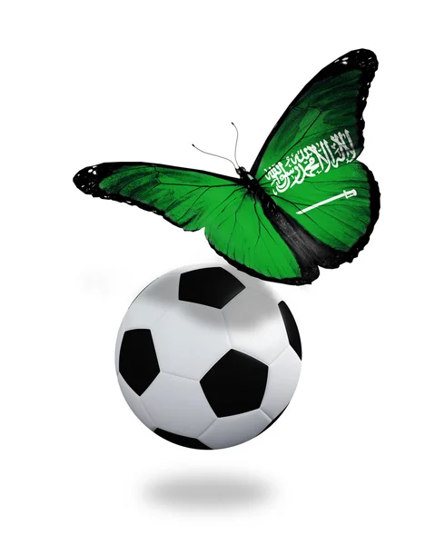 Conceito - borboleta com bandeira da Arábia Saudita voando perto da bola , — Fotografia de Stock