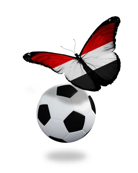 Концепция - бабочка с йеменским флагом, летящая рядом с мячом, как — стоковое фото