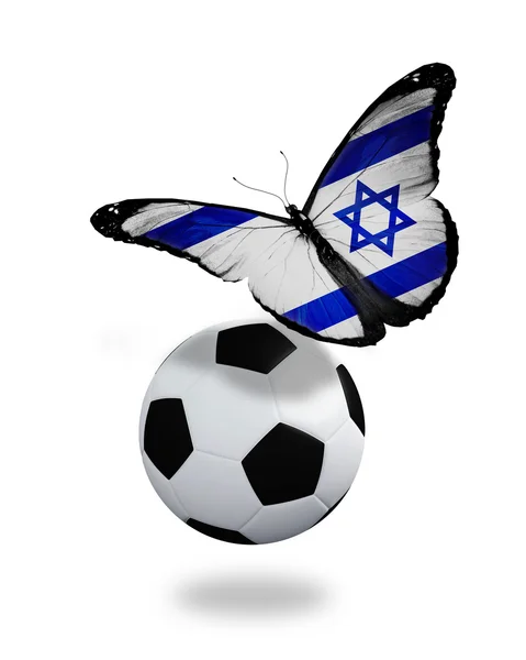 Conceito - borboleta com bandeira israelense voando perto da bola, como — Fotografia de Stock