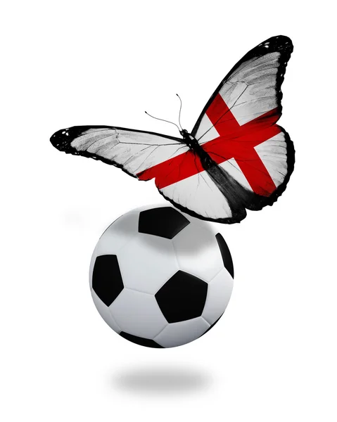 Conceito - borboleta com bandeira inglesa voando perto da bola, como — Fotografia de Stock