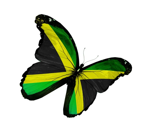 Flaga Jamajki motyl latający na białym tle na białym tle — Zdjęcie stockowe