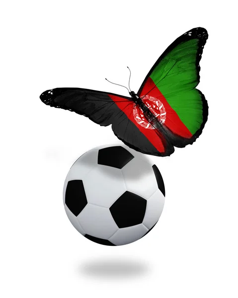 Koncepcja - motyl z flagą Afgani latające w pobliżu piłkę, jak — Zdjęcie stockowe