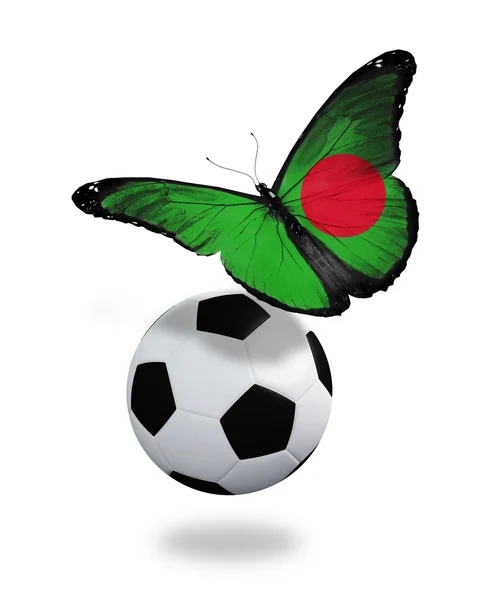 Conceito - borboleta com bandeira Bangladesh voando perto da bola, l — Fotografia de Stock