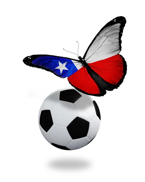 Concepto - mariposa con bandera chilena volando cerca de la pelota, como — Foto de Stock