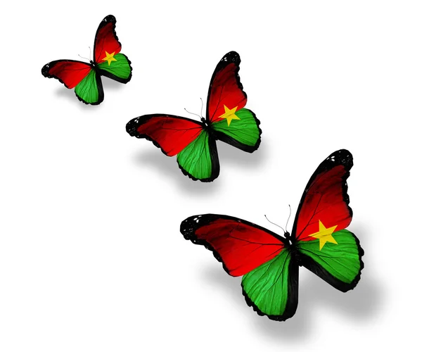 Три флага Буркина-Фасо бабочки, изолированные на белом — стоковое фото