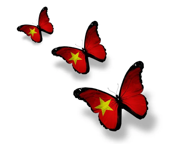 Drie Vietnamees vlag vlinders, geïsoleerd op wit — Stockfoto
