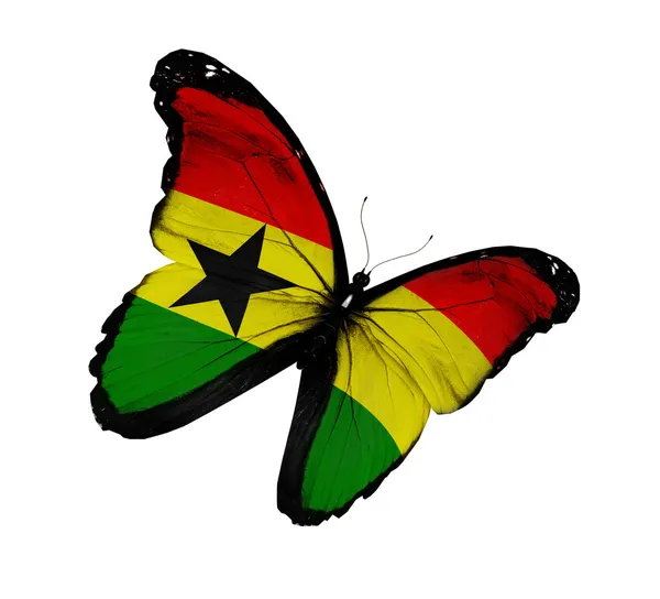 Bandera de Ghana mariposa volando, aislada sobre fondo blanco —  Fotos de Stock