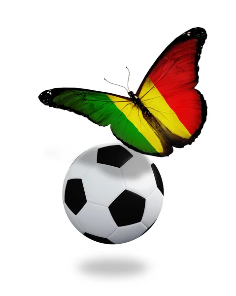 Концепция - бабочка с малийским флагом, летящим рядом с мячом, например, — стоковое фото