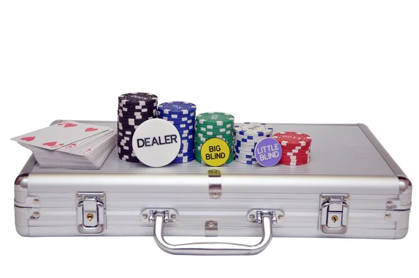 Cards and chips on a steel carrying case — Stock Photo, Image
