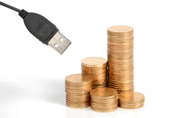 USB kábel és érme — Stock Fotó
