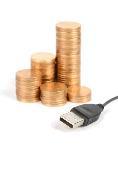 USB cable and coin — Stock Photo, Image