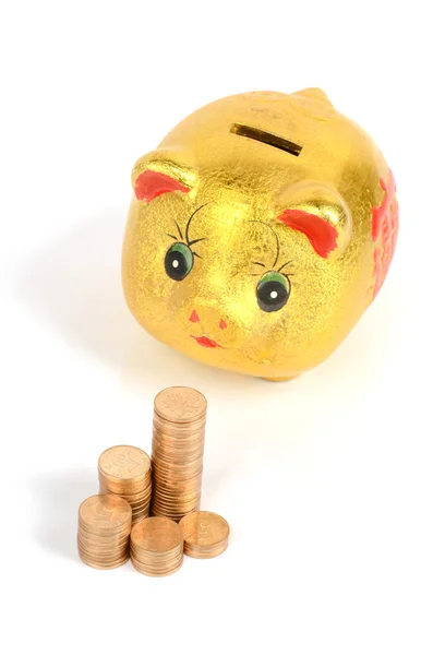 Свинья-банк и монетка — стоковое фото