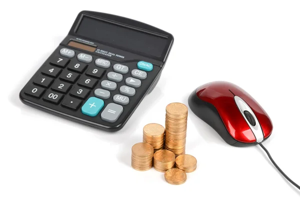 Kalkulačka a mince s počítačovou myš — Stock fotografie