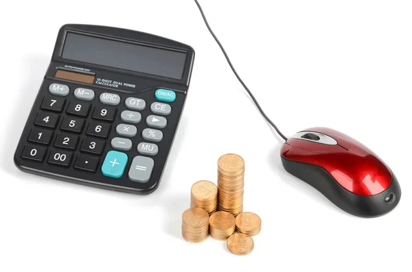 Calcolatrice e moneta con mouse del computer — Foto Stock