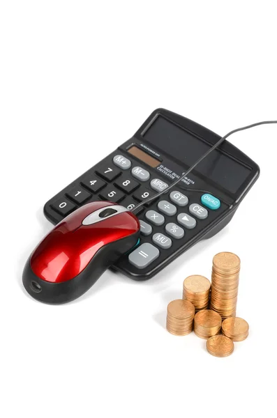 Calcolatrice e moneta con mouse del computer — Foto Stock