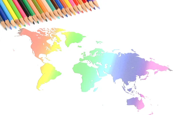 Wereld kaart en kleur potloden — Stockfoto