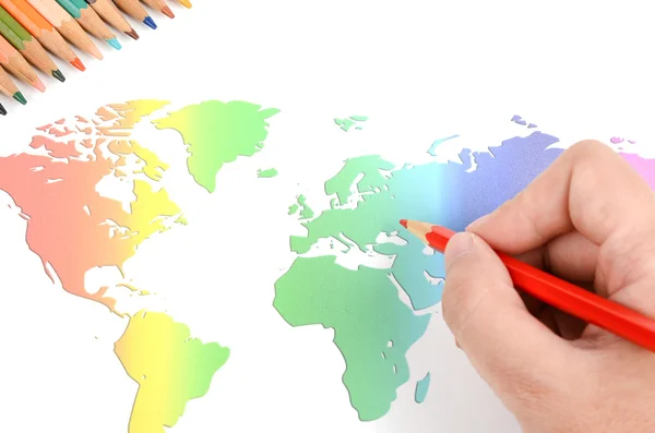 Världen karta och färg pennor — Stockfoto