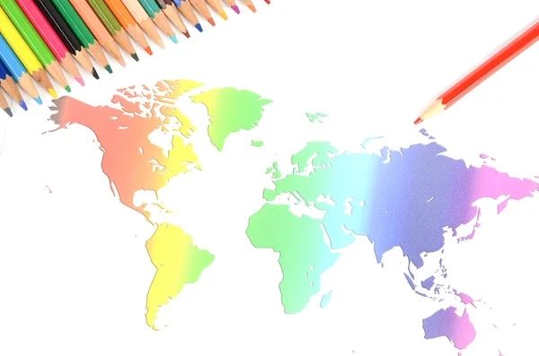 Világ Térkép és színes ceruzák — Stock Fotó