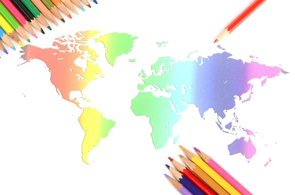 Mapa do mundo e lápis de cor — Fotografia de Stock