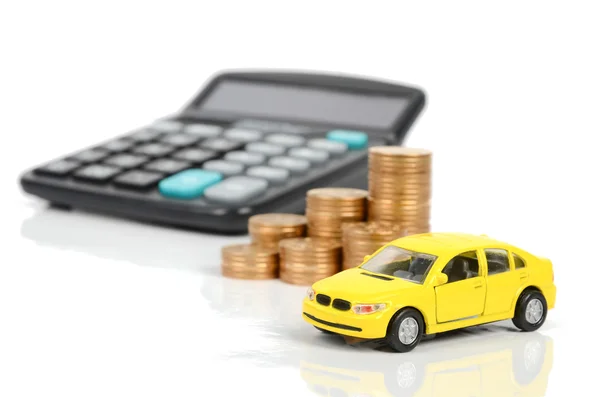 Toy car and coin with calculator — Stock Photo, Image