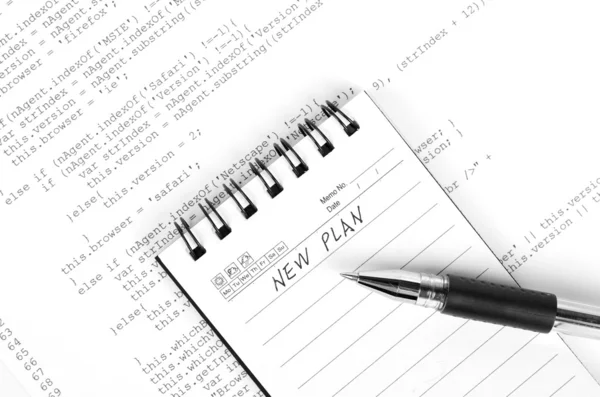 Html page and notepad with ball pen — Stock Photo, Image