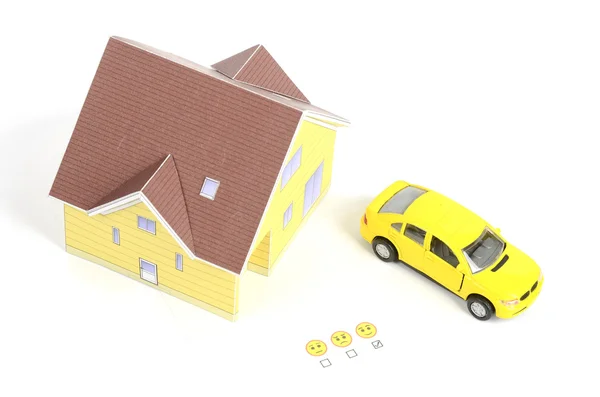 Toy car,model house and smiile face — Stock Photo, Image