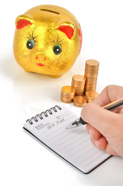 Piggy bank and notepad — Stock Photo, Image