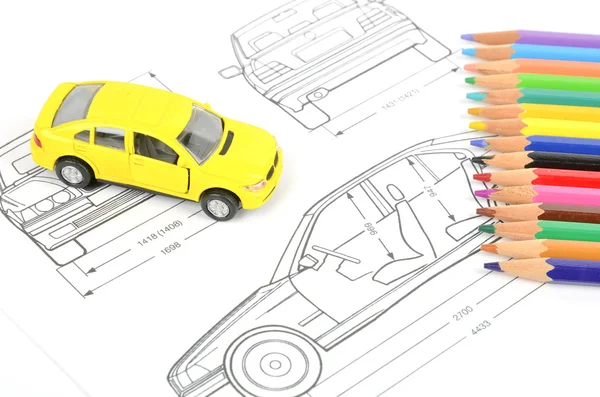 Auto-Blaupause und Bleistifte — Stockfoto