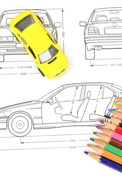 汽车蓝图和铅笔 — 图库照片