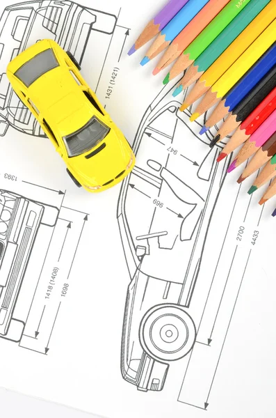 Auto blueprint a tužky — Stock fotografie