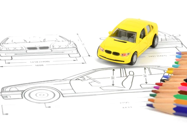 Araba blueprint ve kalemler — Stok fotoğraf